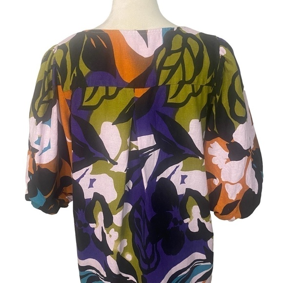 For Cynthia Linen Blend Puff Sleeve Bold Print V-neck Shirt Dress Size L - Picture 8 of 9